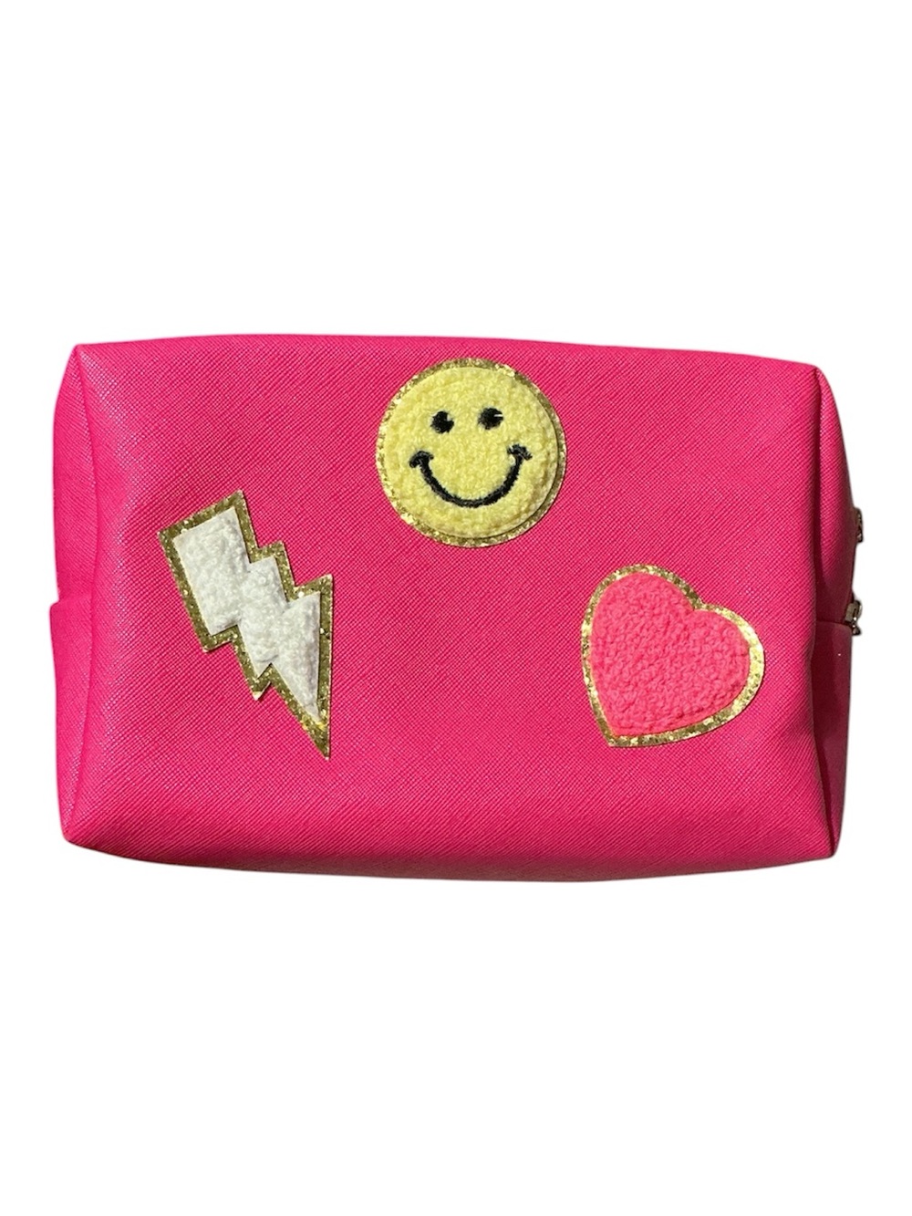 PREPPY Cosmetic Bag Hot Pink/Rose Red Smiley & Heart Appliqué Pouch Waterproof - Picture 3 of 7